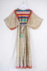 SALE Angelica Maxi Dress - Vintage Sari - Beige Folk Floral - Free Size S/M By All About Audrey