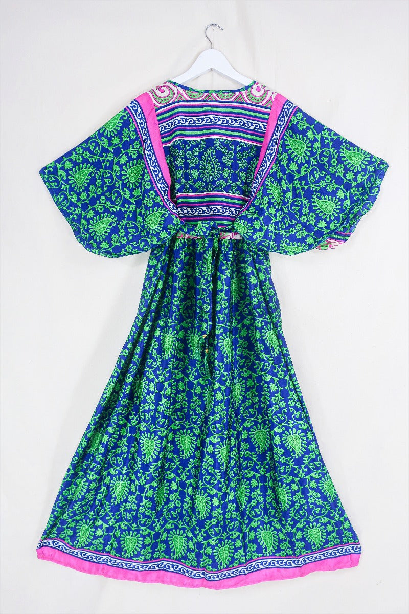 Angelica Maxi Dress - Vintage Sari - Sapphire & Lime Vines - Free Size S/M By All About Audrey