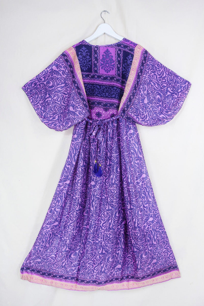 Angelica Maxi Dress - Vintage Sari - Sunset Pink & Slate Swirl - Free Size S/M By All About Audrey