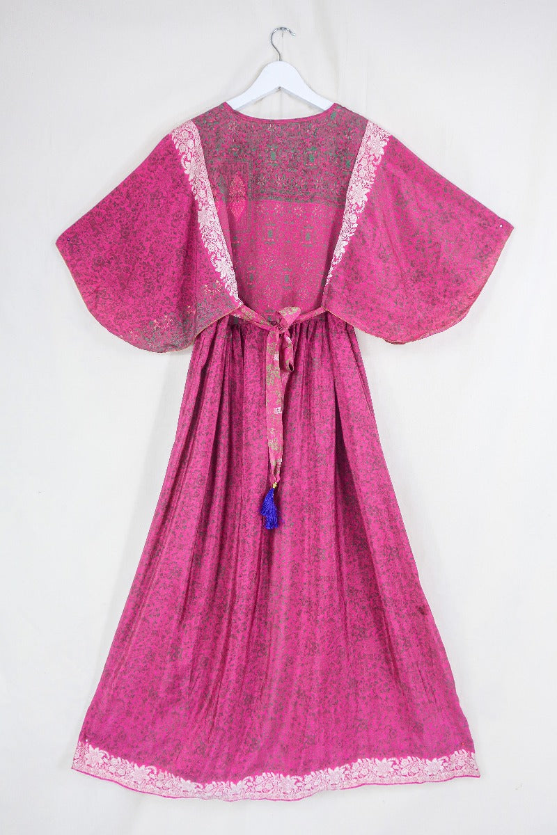 Angelica Maxi Dress - Vintage Sari - Rouge Pink with Silver Embroidery - Free Size S/M