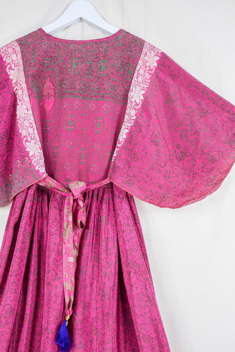 Angelica Maxi Dress - Vintage Sari - Rouge Pink with Silver Embroidery - Free Size S/M