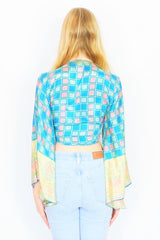 Gemini Wrap Top - Vintage Indian Sari - Aqua, Sand & Rosy Red Trick Room - Size S/M