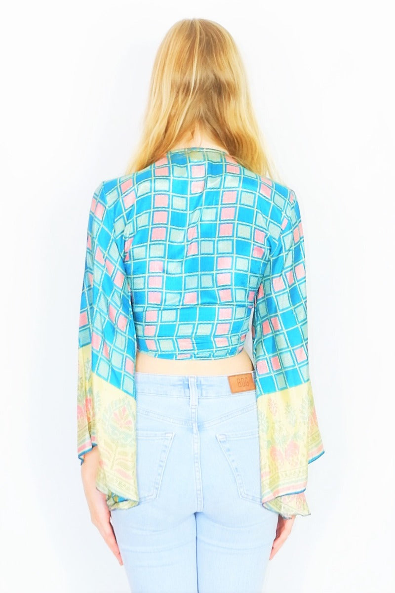 Gemini Wrap Top - Vintage Indian Sari - Aqua, Sand & Rosy Red Trick Room - Size S/M