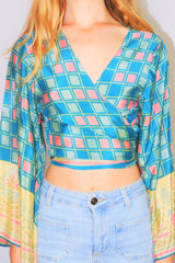 Gemini Wrap Top - Vintage Indian Sari - Aqua, Sand & Rosy Red Trick Room - Size S/M