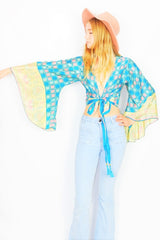 Gemini Wrap Top - Vintage Indian Sari - Aqua, Sand & Rosy Red Trick Room - Size S/M