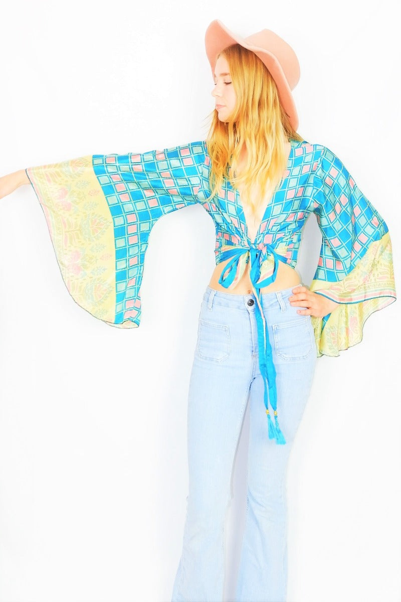 Gemini Wrap Top - Vintage Indian Sari - Aqua, Sand & Rosy Red Trick Room - Size S/M