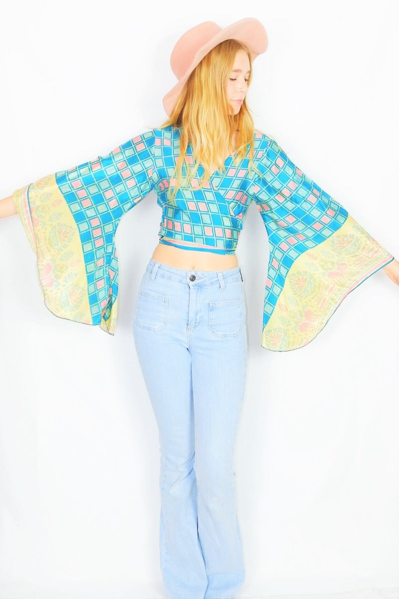 Gemini Wrap Top - Vintage Indian Sari - Aqua, Sand & Rosy Red Trick Room - Size S/M