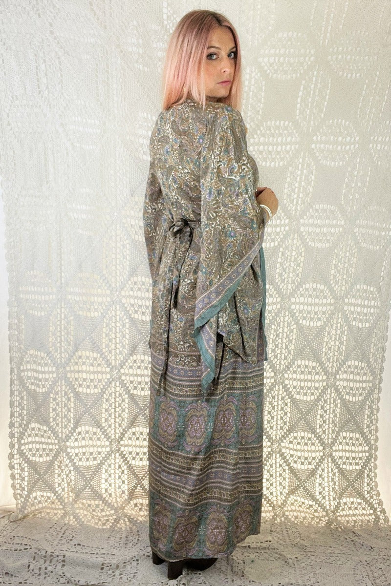 Cassidy Maxi Dress in Mirage Blue bohemian 1970s style kaftan dresses by all about audrey