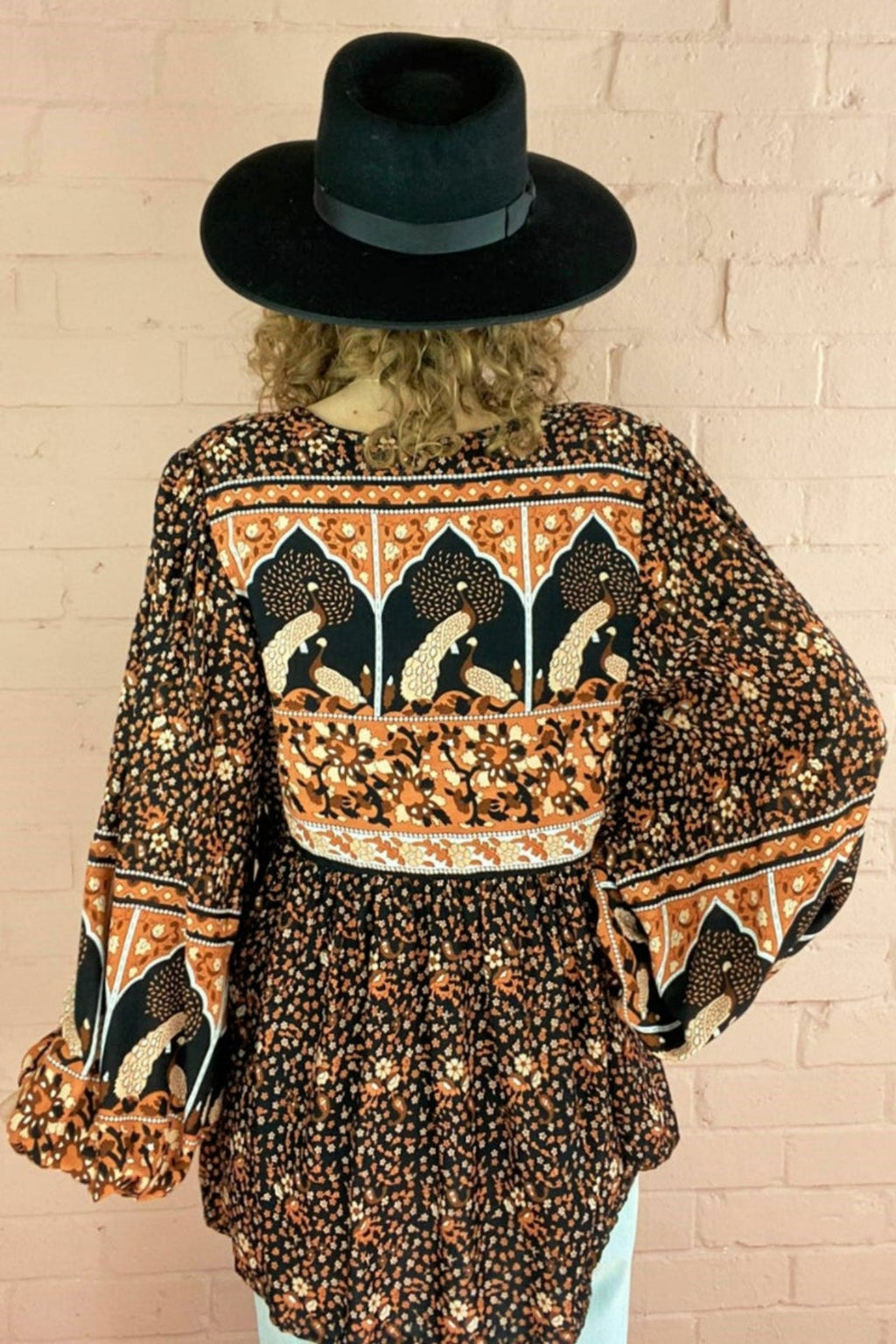 Peacock Prairie Bohemian Smock Top - Jet Black & Terracotta Rayon - ALL SIZES by All About Audrey