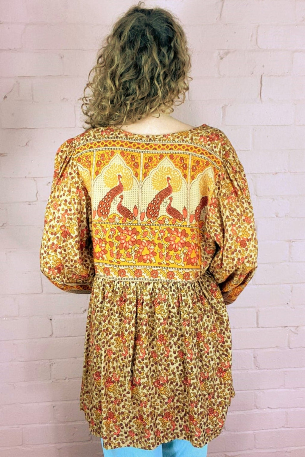 Peacock Prairie Boho Smock Top - Tan & Turmeric Rayon - ALL SIZES by All About Audrey
