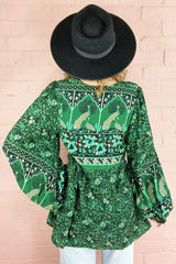 Peacock Prairie Bohemian Smock Top - Forest Green Rayon - ALL SIZES All About Audrey