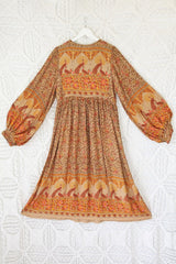 Peacock Primrose Bohemian Balloon Sleeve Smock Dress - Tan & Turmeric Rayon - ALL SIZES by All About Audrey