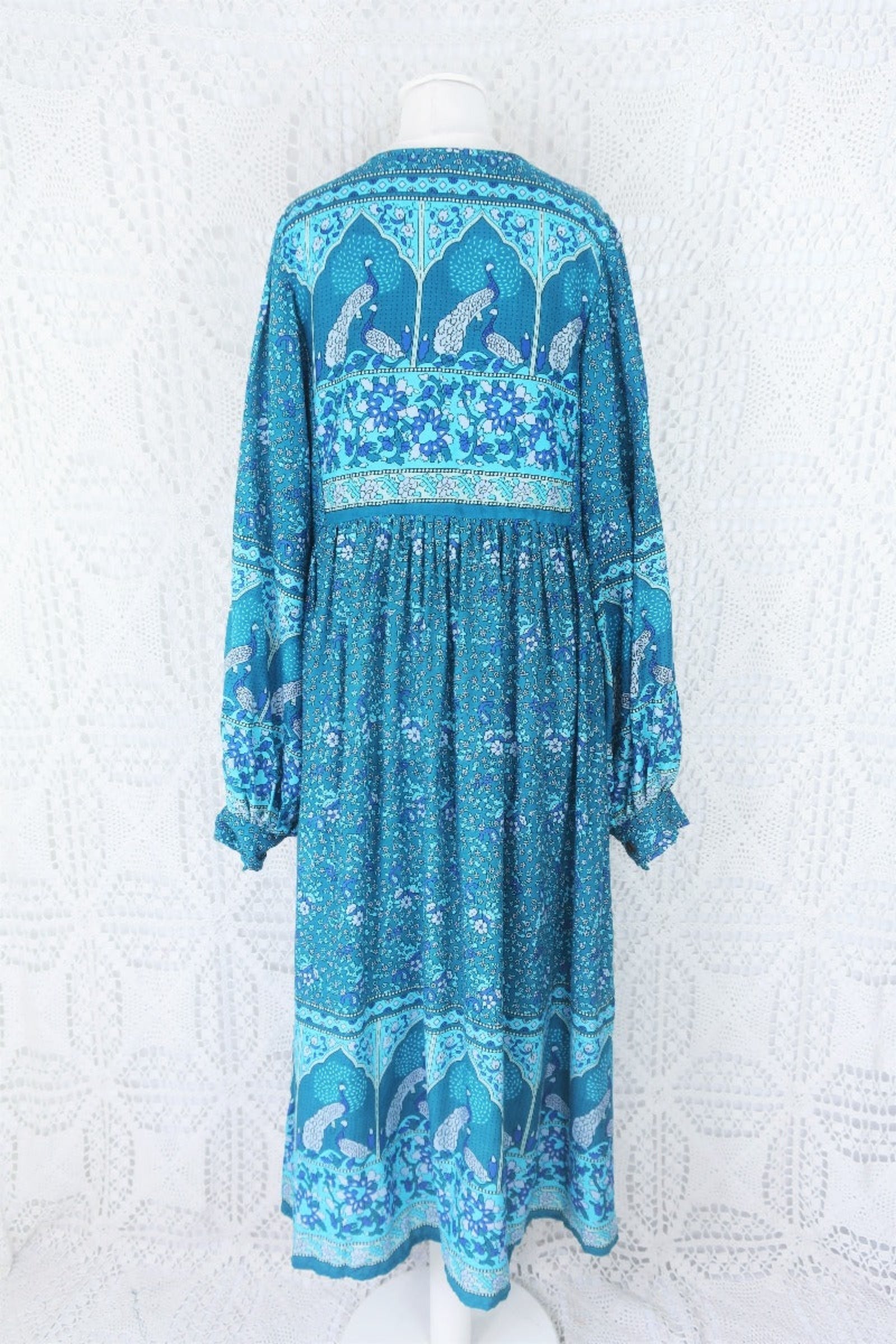 Peacock Primrose Bohemian Balloon Sleeve Midi Dress - Ocean & Indigo Rayon - ALL SIZES by All About Audrey
