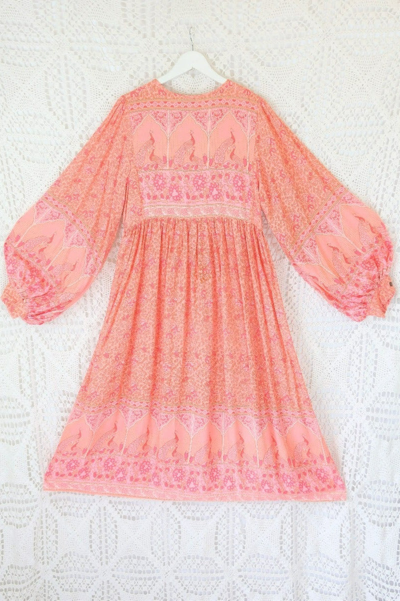 Peacock Primrose Boho Balloon Sleeve Midi Smock Dress - Peachy Rose Rayon - ALL SIZES by All About Audrey