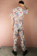 Billie Jumpsuit - Vintage Indian Sari - Marbled Ivory with Watercolour Lilac Rose - M/L