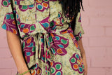 Billie Jumpsuit - Vintage Indian Sari - Turquoise & Magenta Retro Leaf Print - M/L