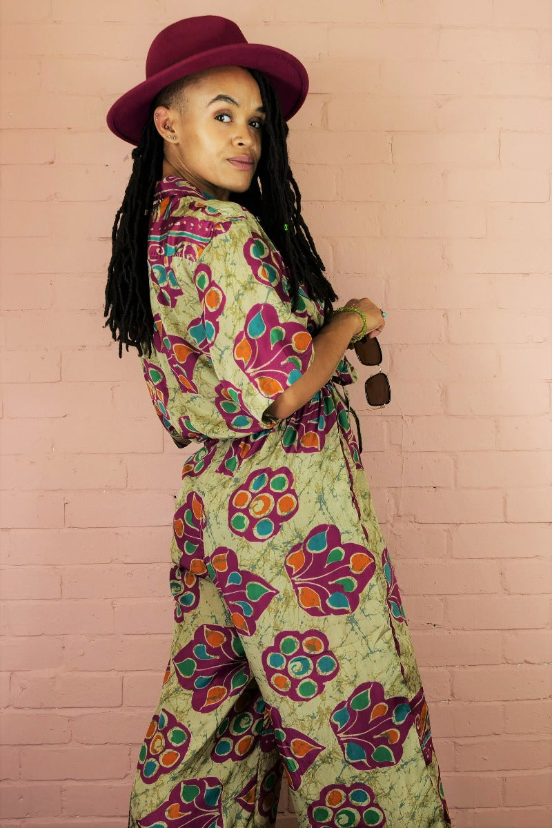 Billie Jumpsuit - Vintage Indian Sari - Turquoise & Magenta Retro Leaf Print - M/L