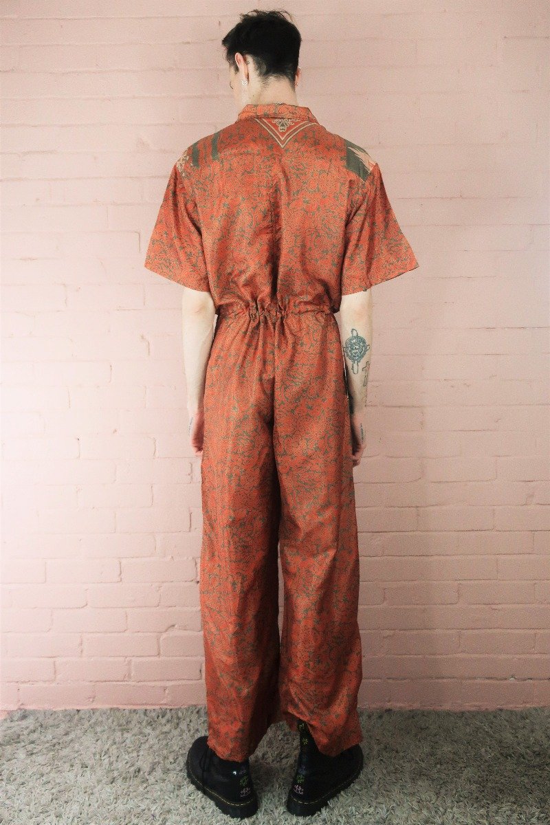 Billie Jumpsuit - Vintage Indian Sari - Mink & Rust Block Printed Floral Design - XL