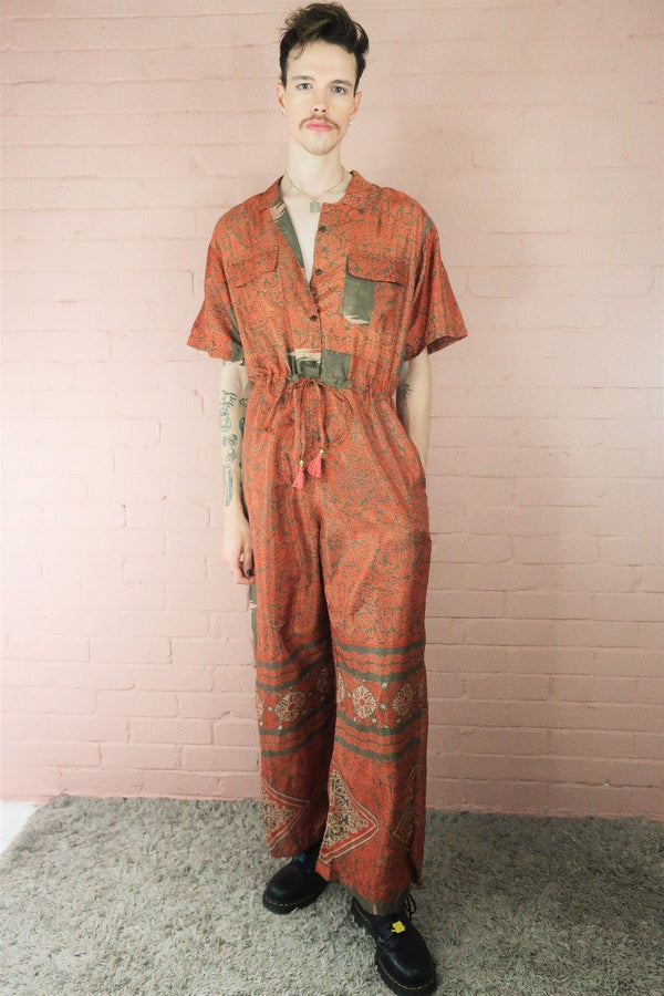 Billie Jumpsuit - Vintage Indian Sari - Mink & Rust Block Printed Floral Design - XL