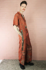 Billie Jumpsuit - Vintage Indian Sari - Mink & Rust Block Printed Floral Design - XL