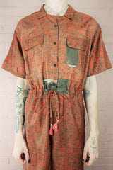 Billie Jumpsuit - Vintage Indian Sari - Mink & Rust Block Printed Floral Design - XL