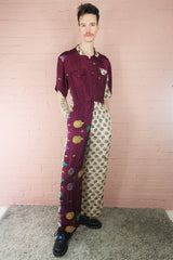 Billie Jumpsuit - Vintage Indian Sari - Plum & Sand Botanical Leaf Print with Embroidery - XL