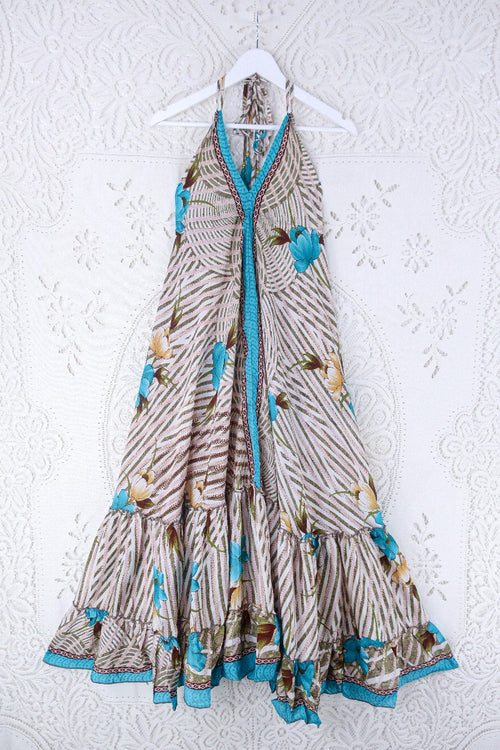 Blossom Halter Maxi Dress - Vintage Sari - White, Moss & Turquoise Stripy Floral - Free Size S/M By All ABout Audrey