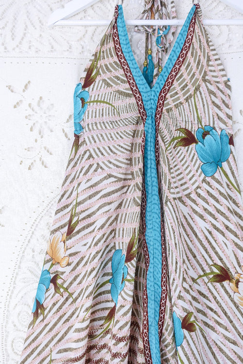 Blossom Halter Maxi Dress - Vintage Sari - White, Moss & Turquoise Stripy Floral - Free Size S/M By All ABout Audrey