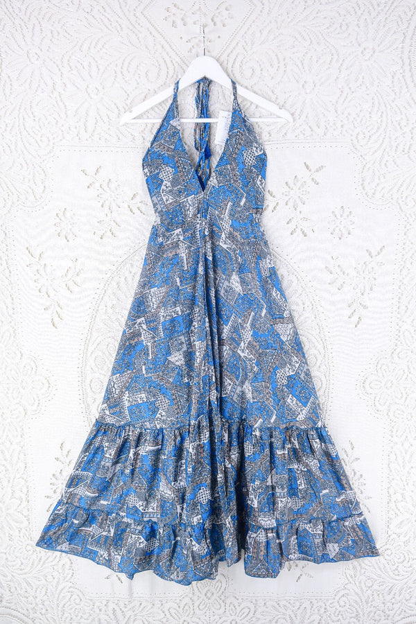 Blossom Halter Maxi Dress - Vintage Sari - Azure Blue & Grey Jacquard - Free Size M/L By All About Audrey