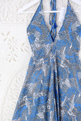Blossom Halter Maxi Dress - Vintage Sari - Azure Blue & Grey Jacquard - Free Size M/L By All About Audrey