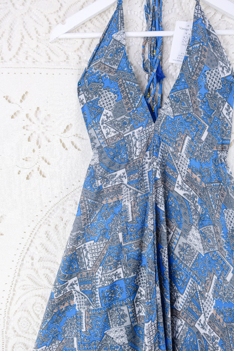 Blossom Halter Maxi Dress - Vintage Sari - Azure Blue & Grey Jacquard - Free Size M/L By All About Audrey
