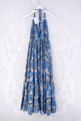 Blossom Halter Maxi Dress - Vintage Sari - Azure Blue & Grey Jacquard - Free Size M/L By All About Audrey