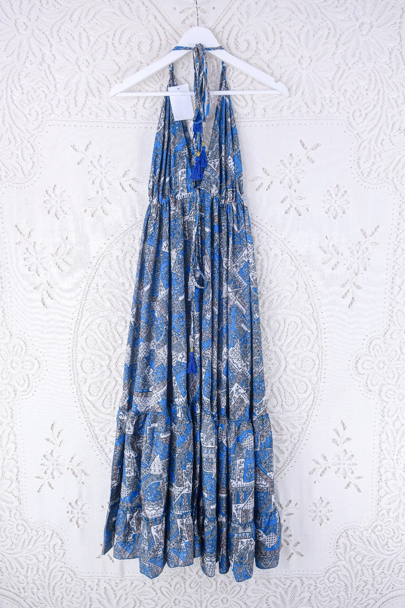 Blossom Halter Maxi Dress - Vintage Sari - Azure Blue & Grey Jacquard - Free Size M/L By All About Audrey