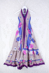 Blossom Halter Maxi Dress - Vintage Sari - Beige Pink & Violet Bold Floral - Free Size S/M By All About Audrey