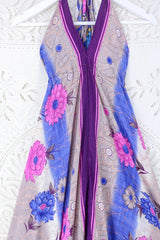 Blossom Halter Maxi Dress - Vintage Sari - Beige Pink & Violet Bold Floral - Free Size S/M By All About Audrey
