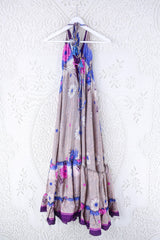 Blossom Halter Maxi Dress - Vintage Sari - Beige Pink & Violet Bold Floral - Free Size S/M By All About Audrey