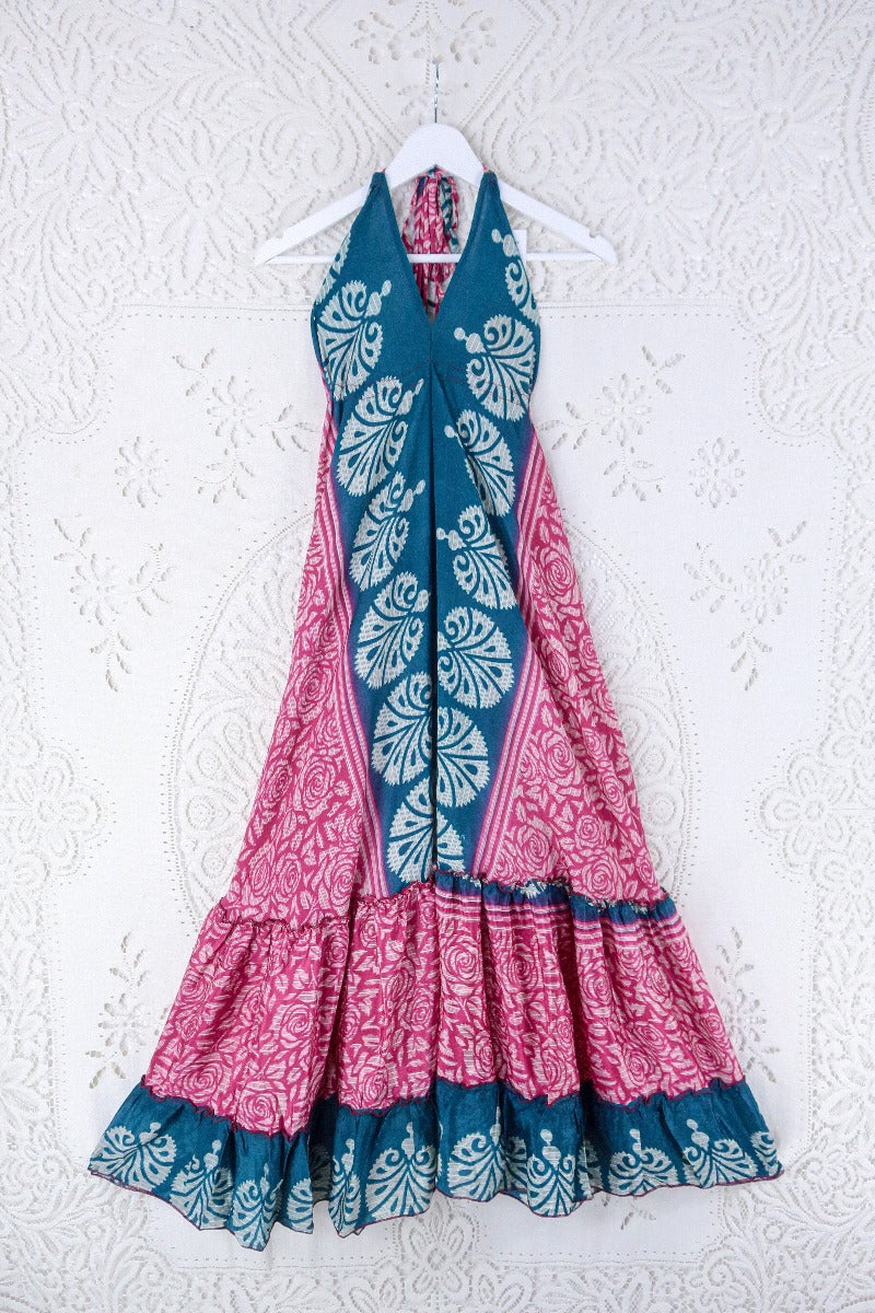 Blossom Halter Maxi Dress - Vintage Sari - Ocean Teal & Rouge Rose Print - Free Size S/M By All About Audrey