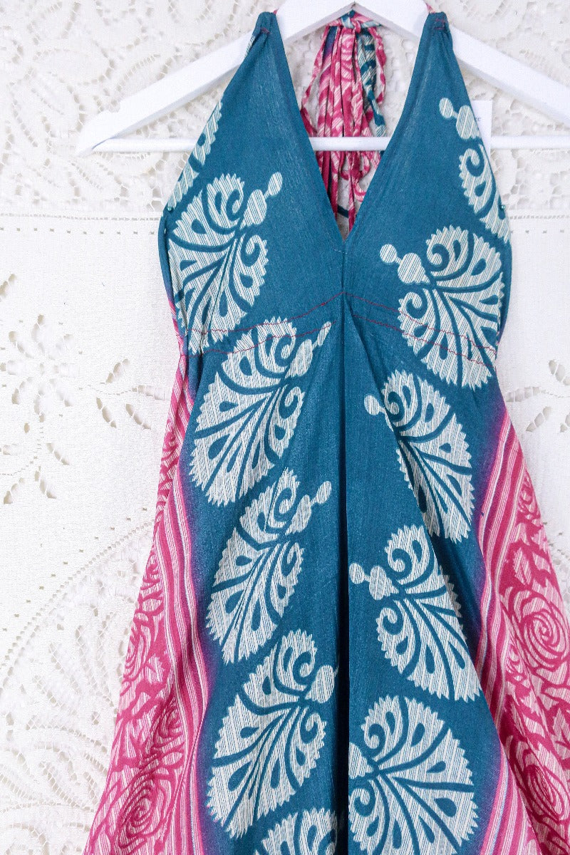 Blossom Halter Maxi Dress - Vintage Sari - Ocean Teal & Rouge Rose Print - Free Size S/M By All About Audrey
