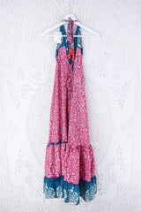 Blossom Halter Maxi Dress - Vintage Sari - Ocean Teal & Rouge Rose Print - Free Size S/M By All About Audrey