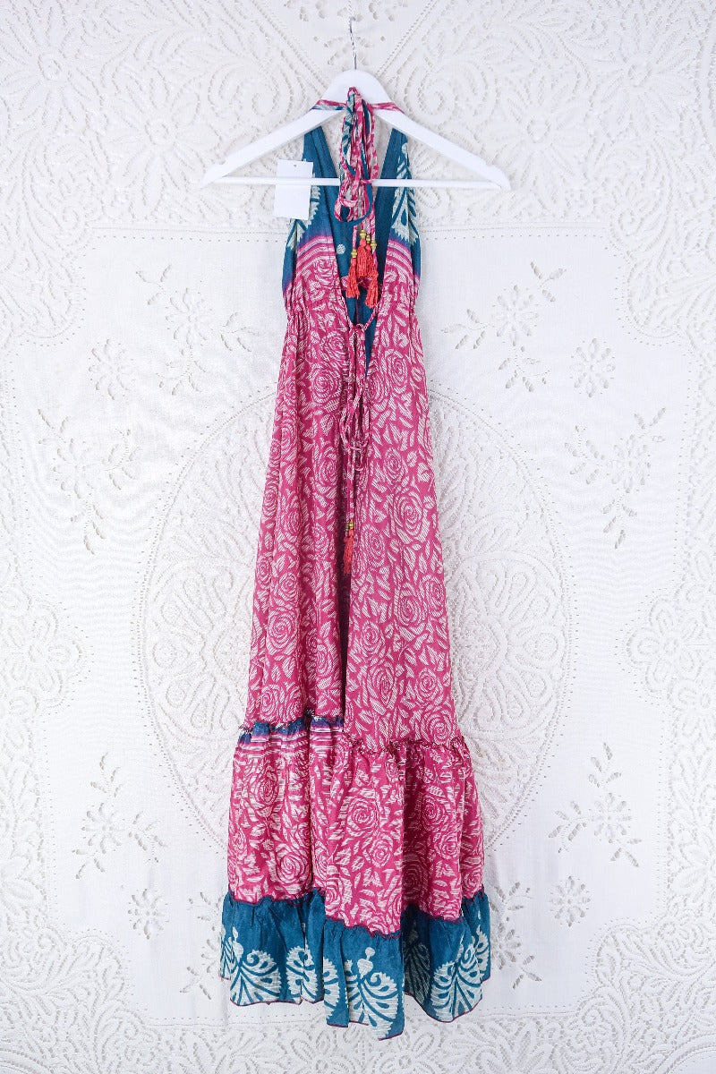Blossom Halter Maxi Dress - Vintage Sari - Ocean Teal & Rouge Rose Print - Free Size S/M By All About Audrey