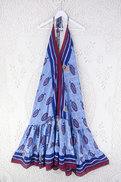 Blossom Halter Maxi Dress - Vintage Sari - Embellished Tonal Violet Leaf Print - Free Size M/L By All About Audrey