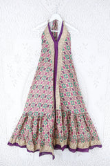 Blossom Halter Maxi Dress - Vintage Sari - Champagne, Plum & Green Mosaic - Free Size M/L By All About Audrey