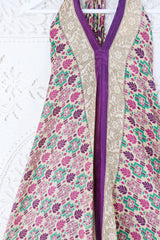 Blossom Halter Maxi Dress - Vintage Sari - Champagne, Plum & Green Mosaic - Free Size M/L By All About Audrey