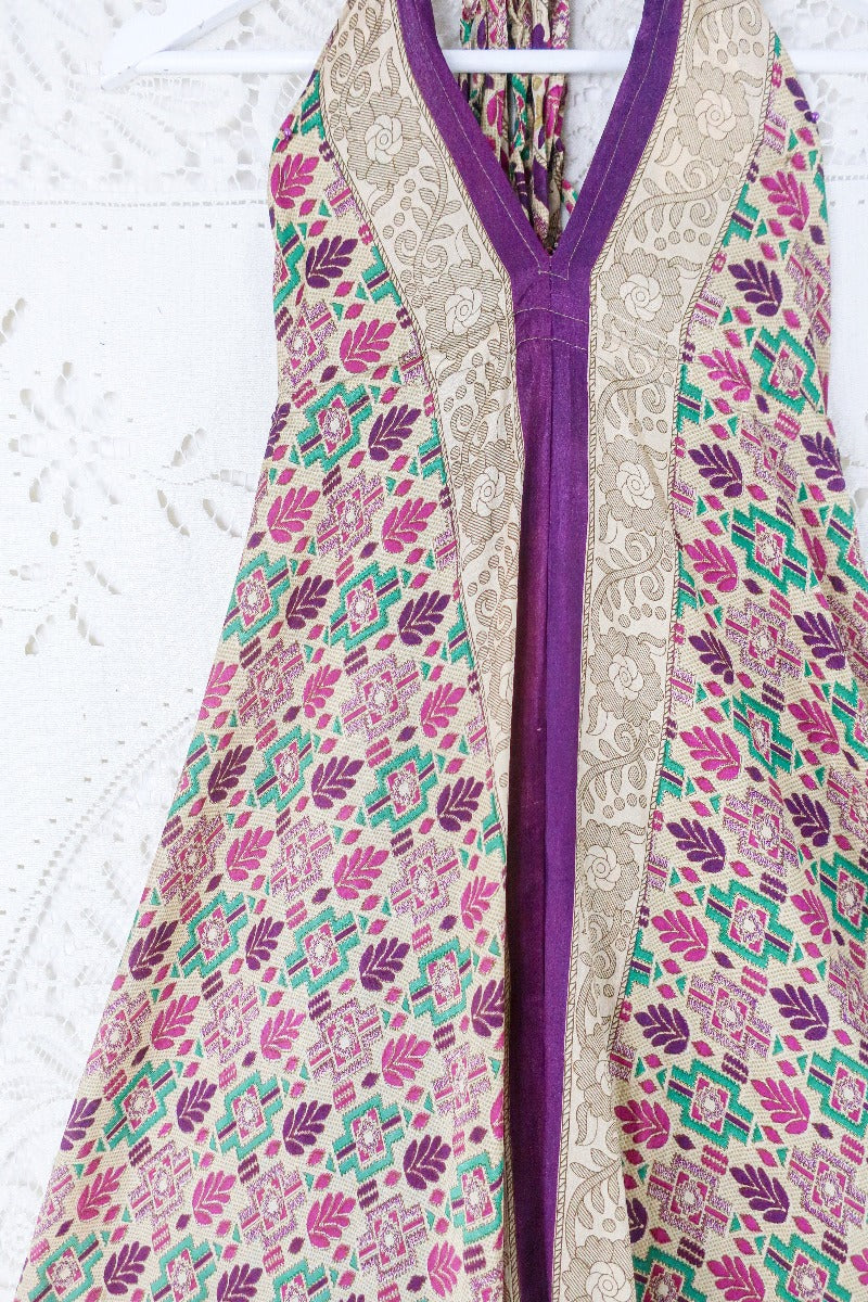 Blossom Halter Maxi Dress - Vintage Sari - Champagne, Plum & Green Mosaic - Free Size M/L By All About Audrey