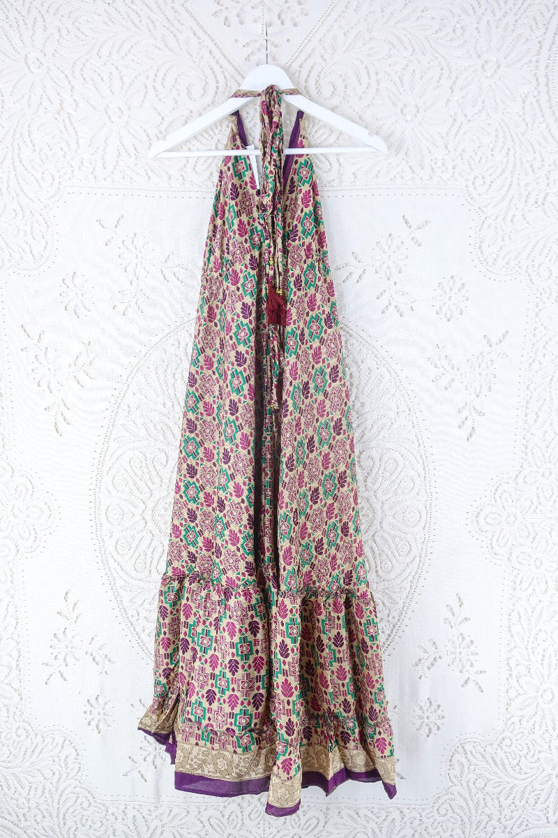 Blossom Halter Maxi Dress - Vintage Sari - Champagne, Plum & Green Mosaic - Free Size M/L By All About Audrey