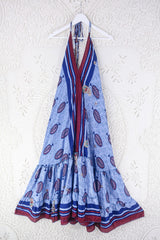 Blossom Halter Maxi Dress - Vintage Sari - Embellished Tonal Violet Leaf Print - Free Size M/L By All About Audrey