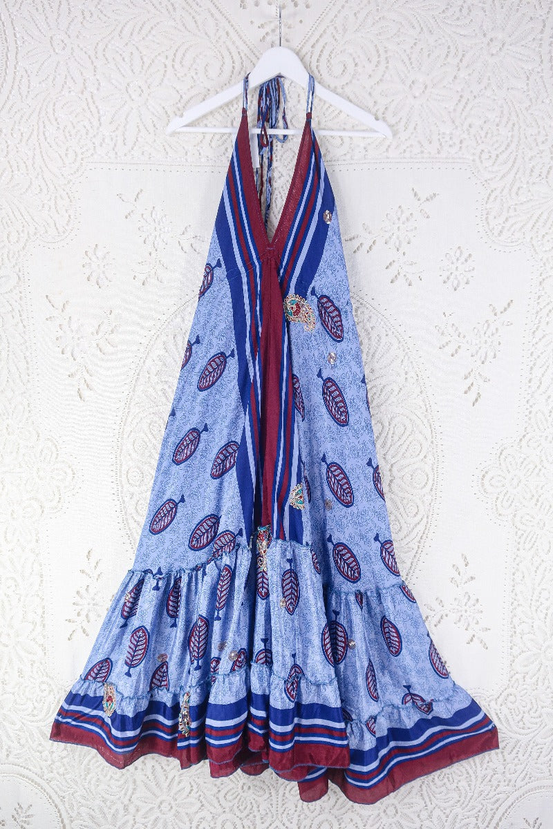 Blossom Halter Maxi Dress - Vintage Sari - Embellished Tonal Violet Leaf Print - Free Size M/L By All About Audrey