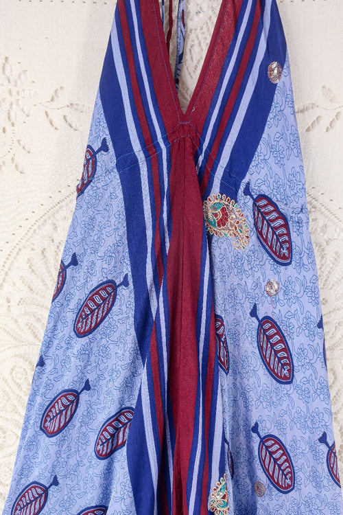 Blossom Halter Maxi Dress - Vintage Sari - Embellished Tonal Violet Leaf Print - Free Size M/L By All About Audrey
