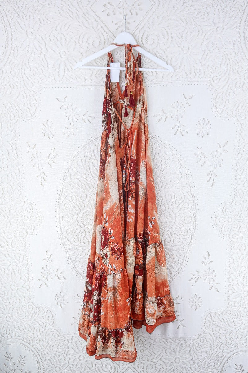 Blossom Halter Maxi Dress - Vintage Sari - Burnt Orange & Earth Tone Wildflower - Free Size S/M By All About Audrey