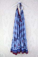 Blossom Halter Maxi Dress - Vintage Sari - Embellished Tonal Violet Leaf Print - Free Size M/L By All About Audrey